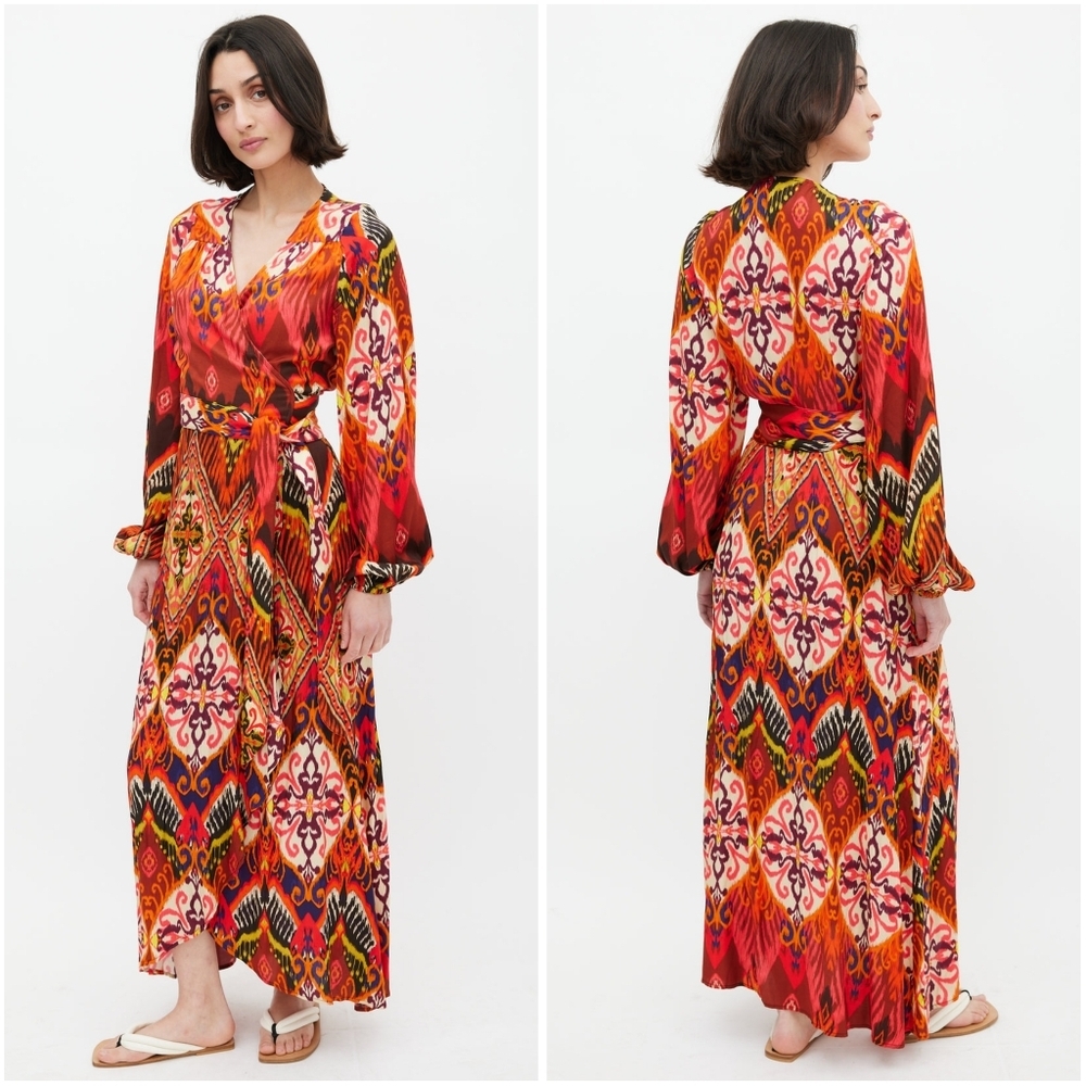Smythe Hostess Wrap Dress In Multi Ikat Print Medium